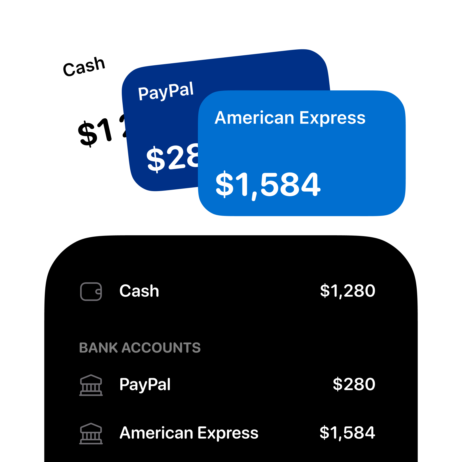 Spendient accounts screen listing cash and bank accounts in multiple currencies