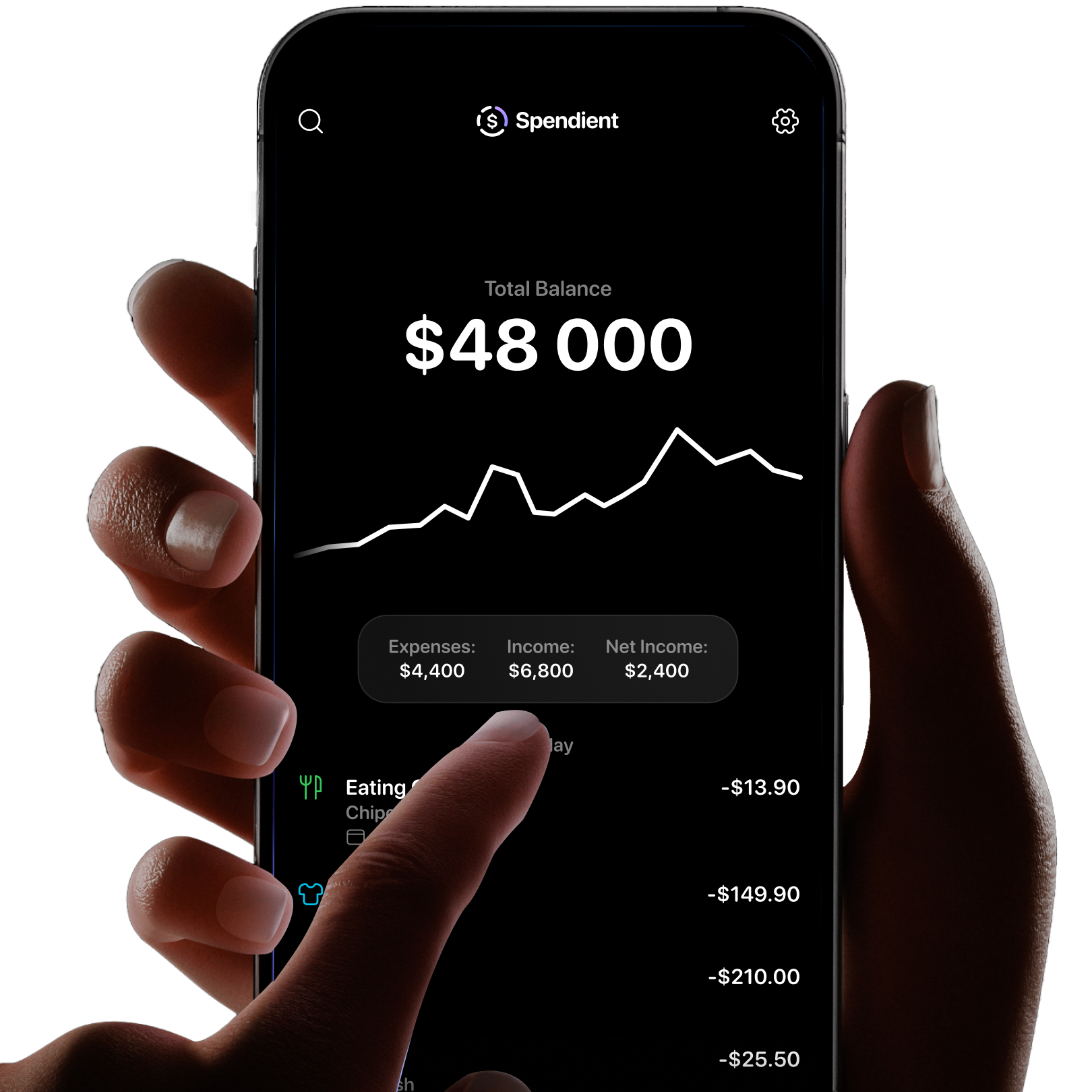 Hand holding a phone showing the Spendient app with total balance and recent transactions
